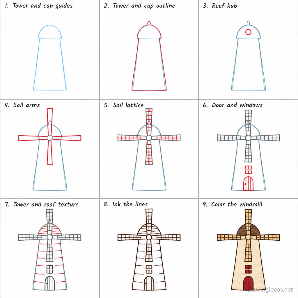 How to draw a windmill step by step — 9-step windmill drawing tutorial sheet
