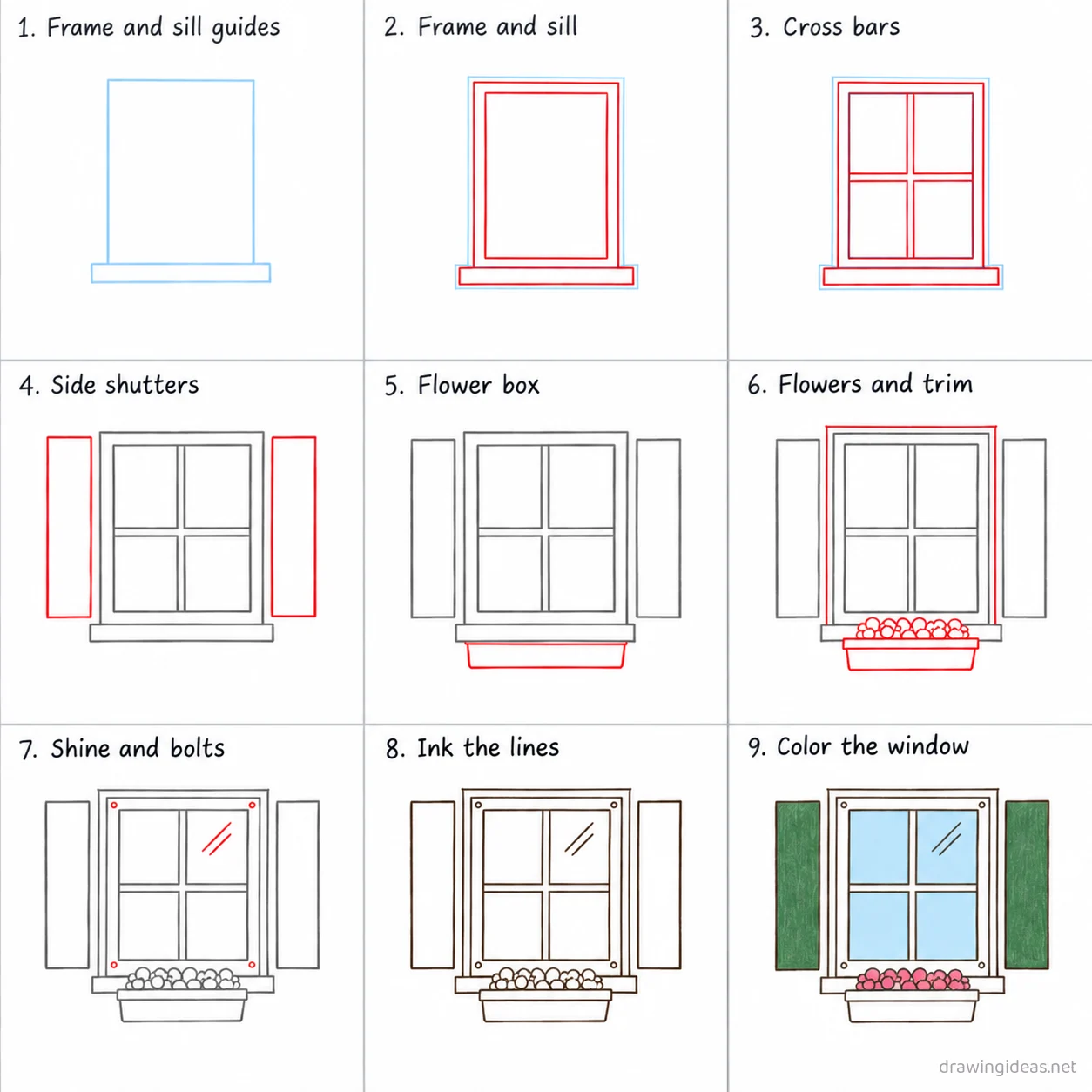 How to draw a window step by step — 9-step window drawing tutorial sheet