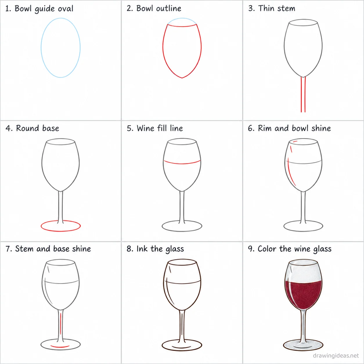 How to draw a wine glass step by step — 9-step wine glass drawing tutorial sheet