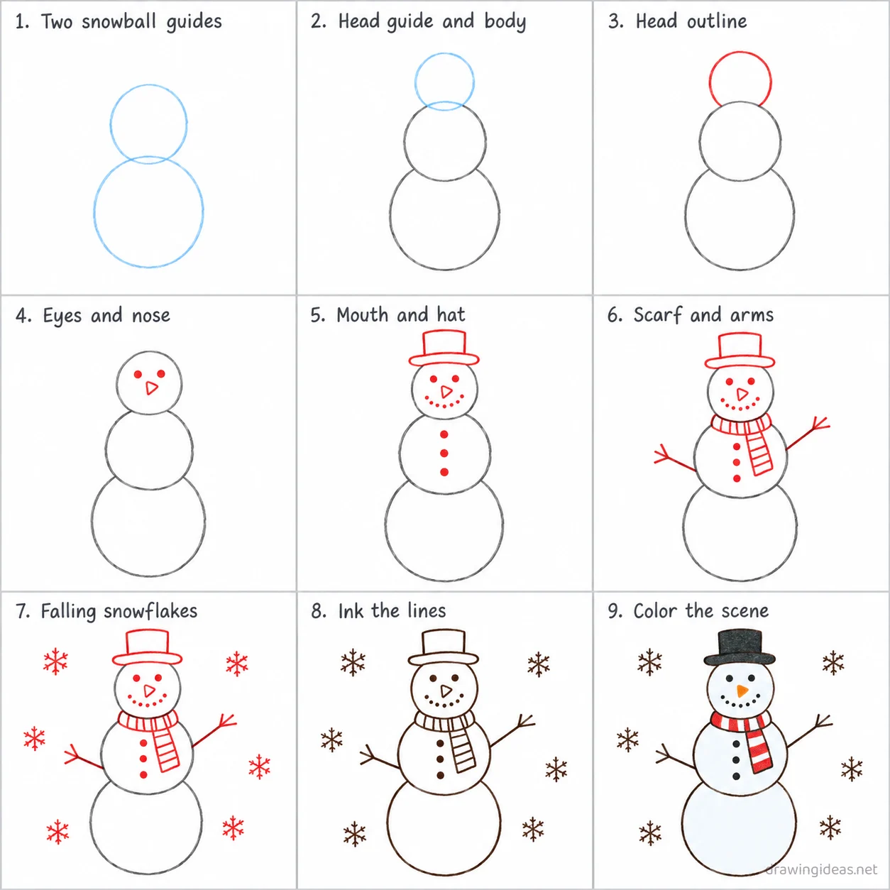 How to draw winter step by step — 9-step winter drawing tutorial sheet
