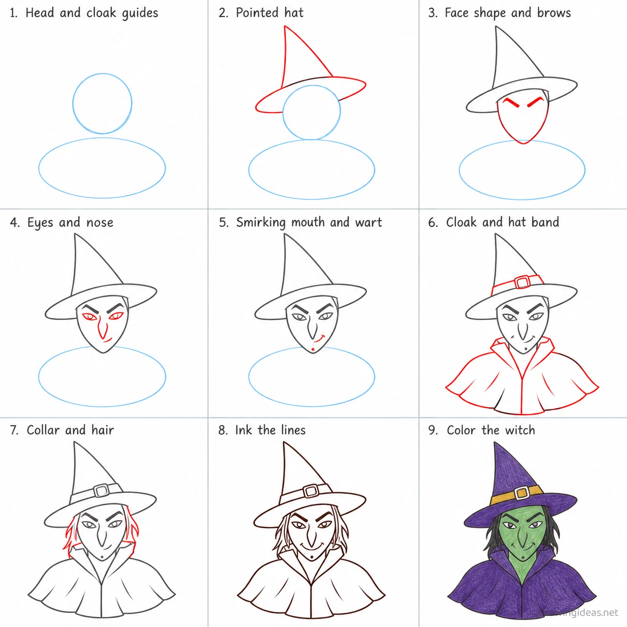 How to draw a witch step by step — 9-step witch drawing tutorial sheet