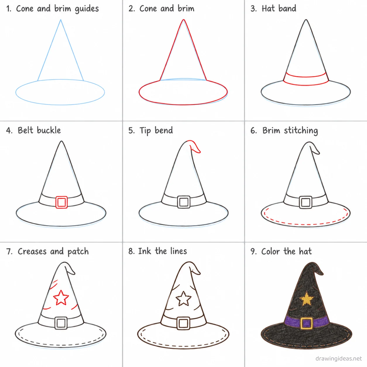 How to draw a witch hat step by step — 9-step witch hat drawing tutorial sheet