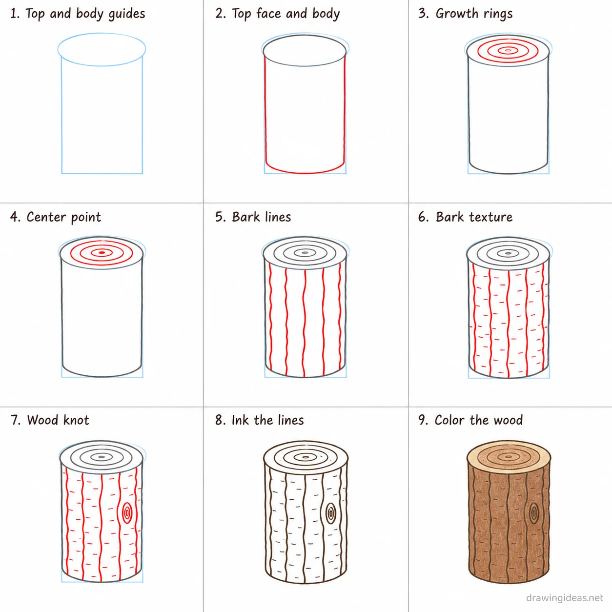 How to draw wood step by step — 9-step wood drawing tutorial sheet