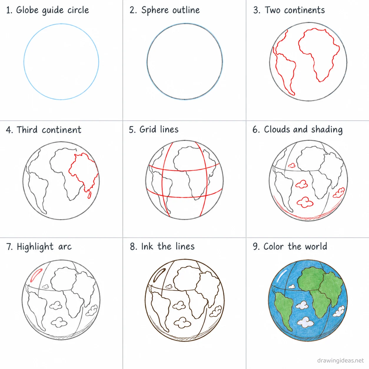 How to draw the World step by step — 9-step World drawing tutorial sheet
