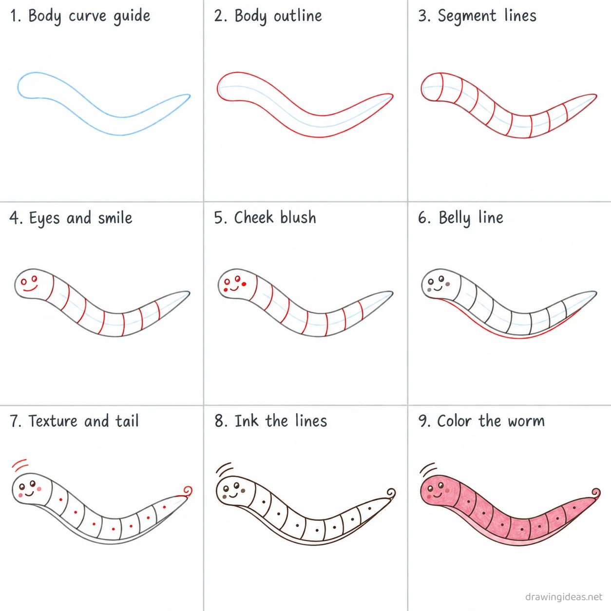How to draw a worm step by step — 9-step worm drawing tutorial sheet