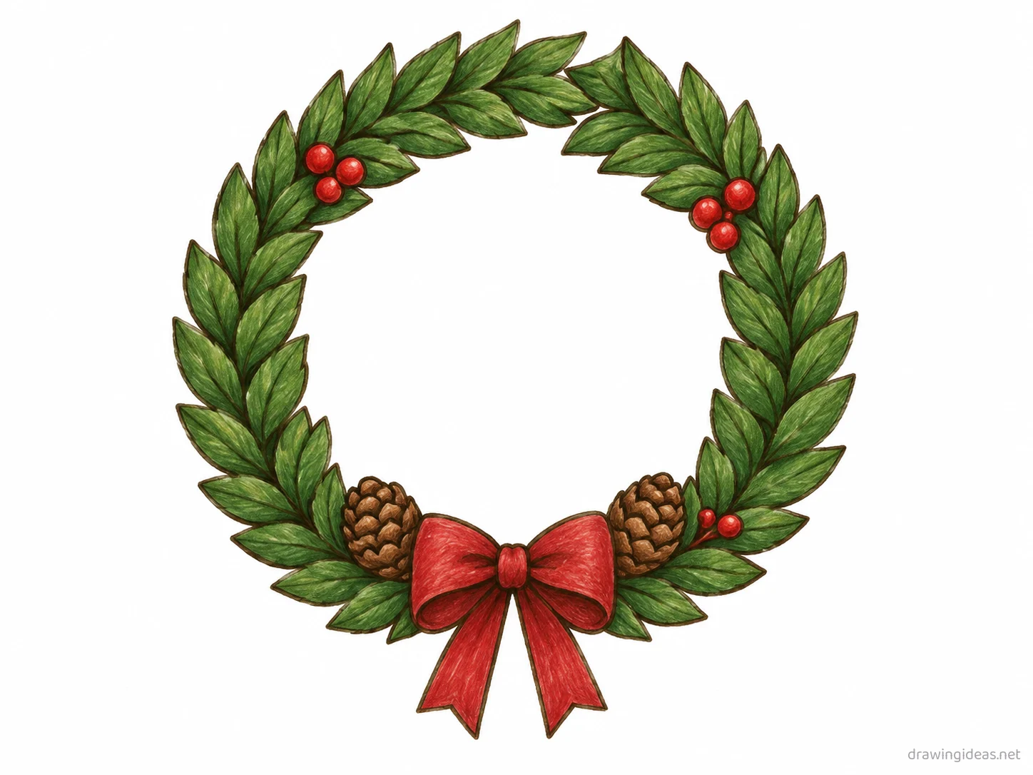 Wreath drawing — hand-drawn wreath illustration with ink lines and soft colors
