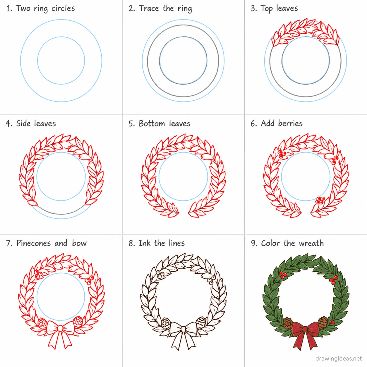 How to draw a wreath step by step — 9-step wreath drawing tutorial sheet