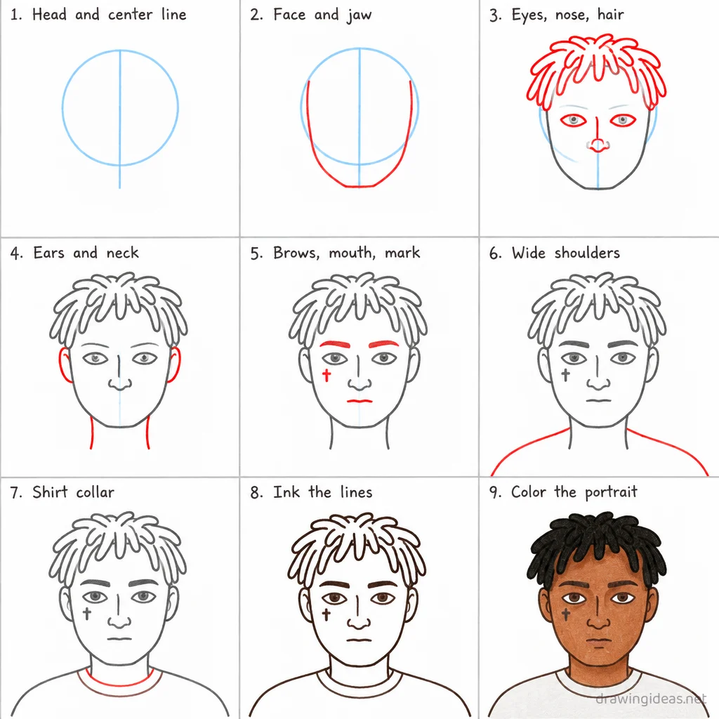 How to draw Xxxtentacion step by step — 9-step Xxxtentacion drawing tutorial sheet