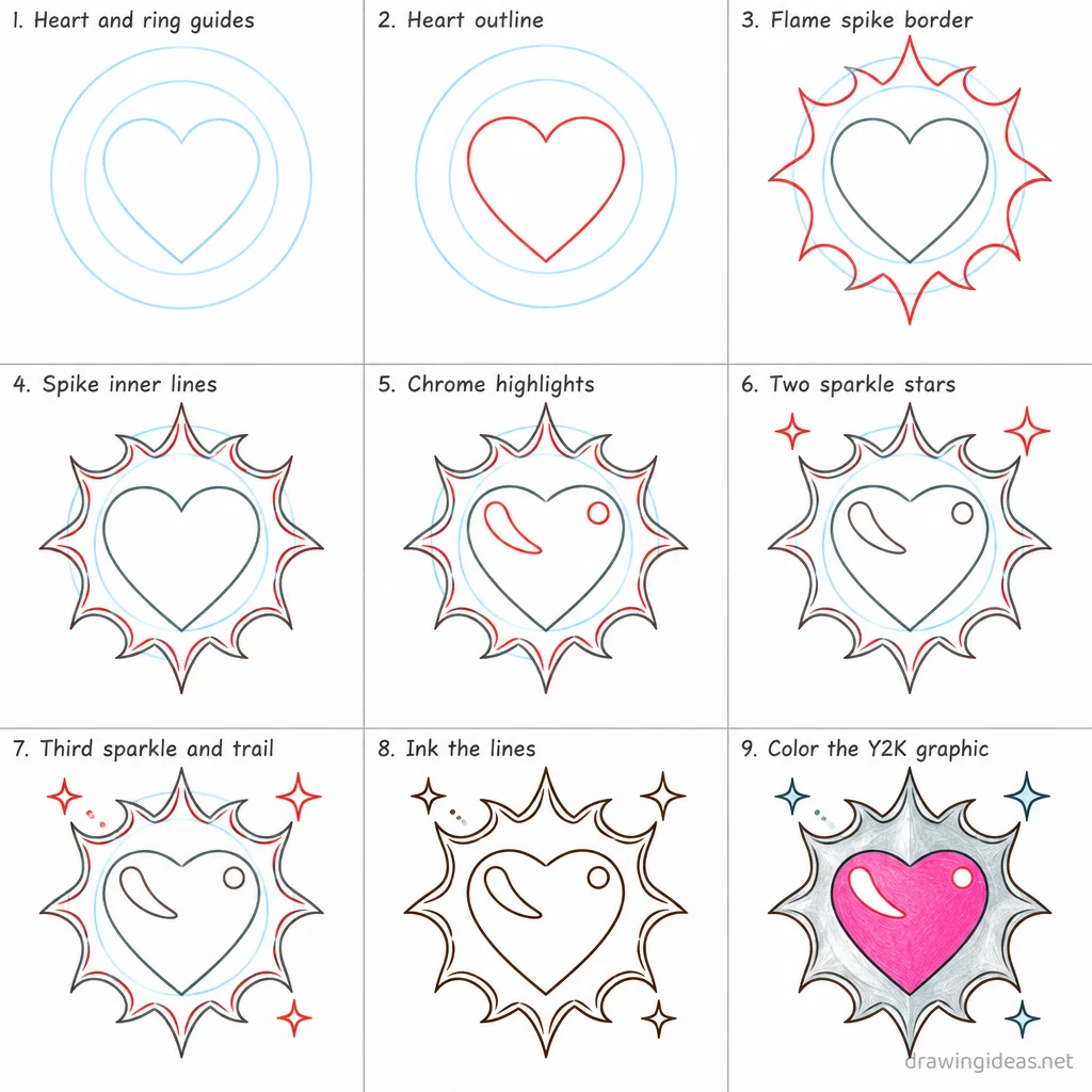 How to draw Y2K style step by step — 9-step y2k drawing tutorial sheet