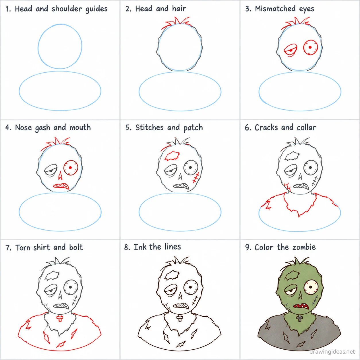 How to draw a zombie step by step — 9-step zombie drawing tutorial sheet