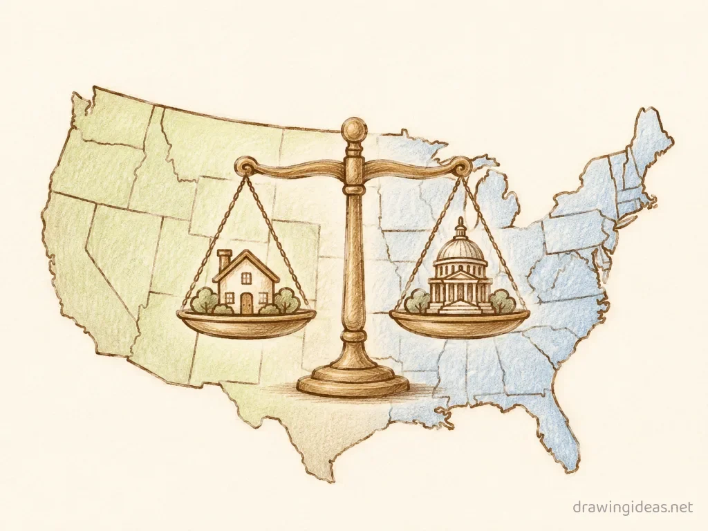 10th Amendment drawing — hand-drawn 10th Amendment illustration with ink lines and soft colors