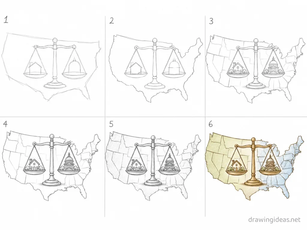 How to draw the 10th Amendment step by step — 6-step 10th Amendment drawing tutorial grid