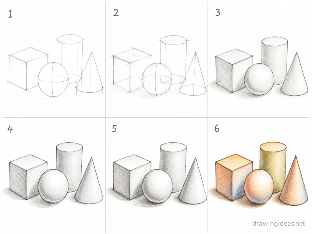 How to draw 3D shapes step by step — 6-step 3d drawing tutorial grid
