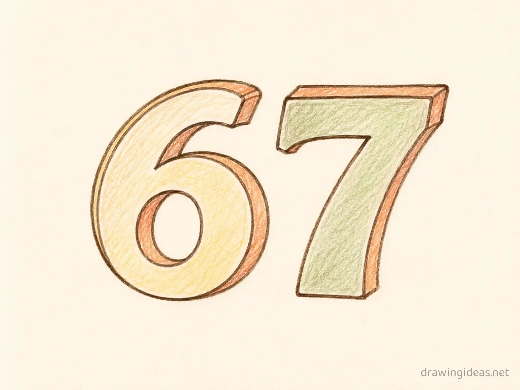 67 drawing — hand-drawn 67 illustration with ink lines and soft colors