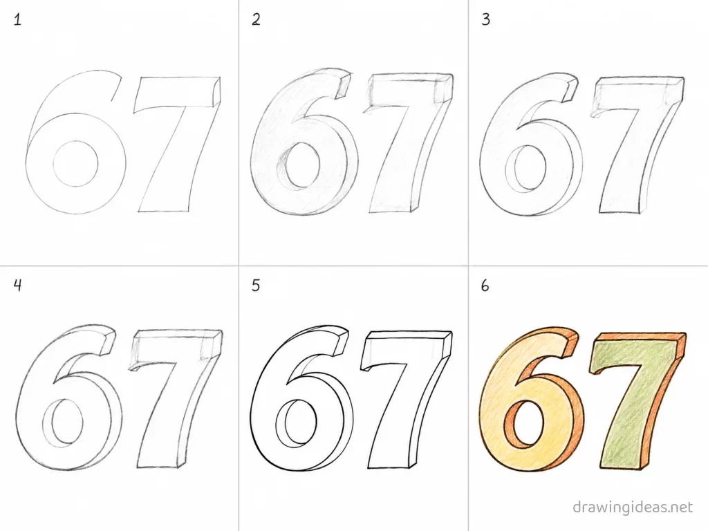 How to draw the 67 meme step by step — 6-step 67 drawing tutorial grid