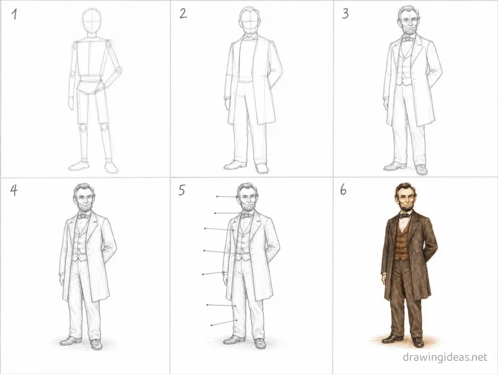 How to draw Abraham Lincoln step by step — 6-step Abraham Lincoln drawing tutorial grid