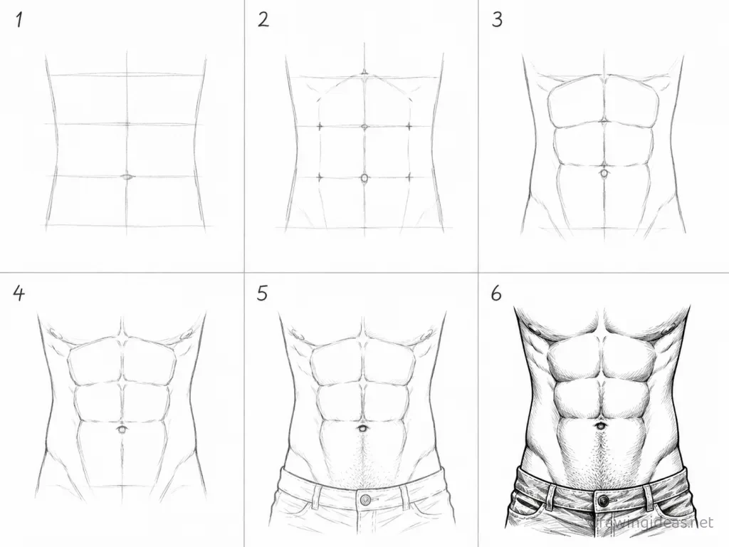 How to draw abs step by step — 6-step abs drawing tutorial grid