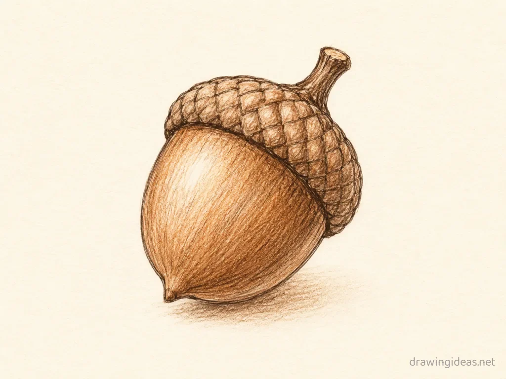 Acorn drawing — hand-drawn acorn illustration with ink lines and soft colors