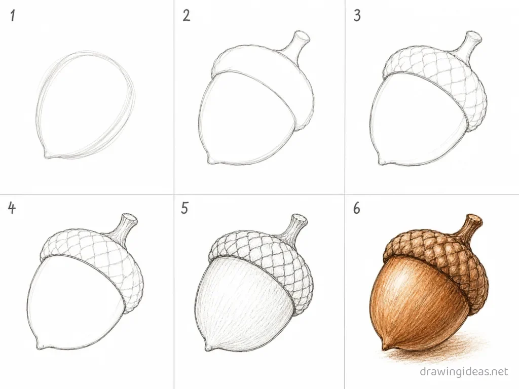 How to draw an acorn step by step — 6-step acorn drawing tutorial grid