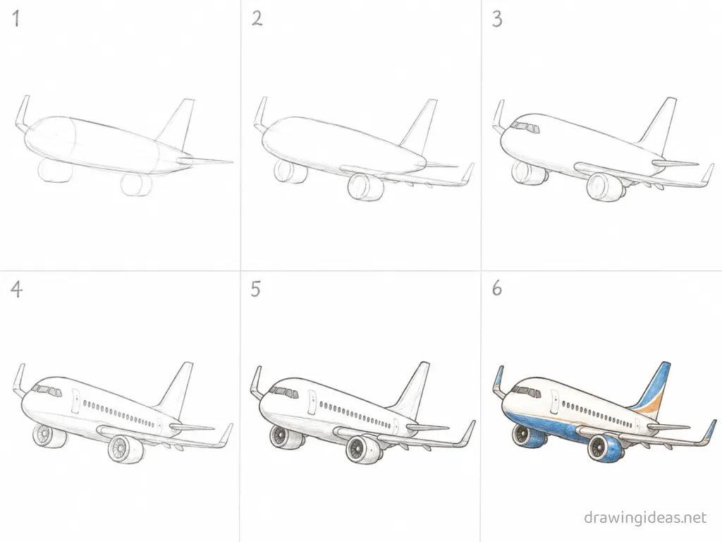 How to draw an airplane step by step — 6-step airplane drawing tutorial grid
