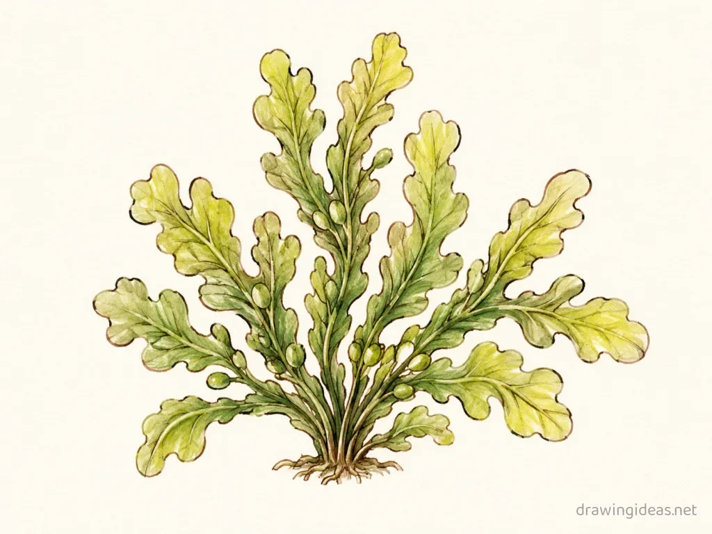 Algae drawing — hand-drawn algae illustration with ink lines and soft colors