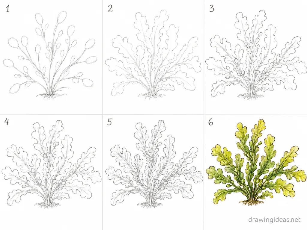 How to draw algae step by step — 6-step algae drawing tutorial grid