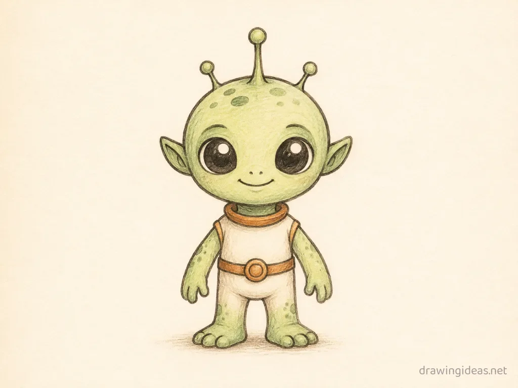 Alien drawing — hand-drawn alien illustration with ink lines and soft colors