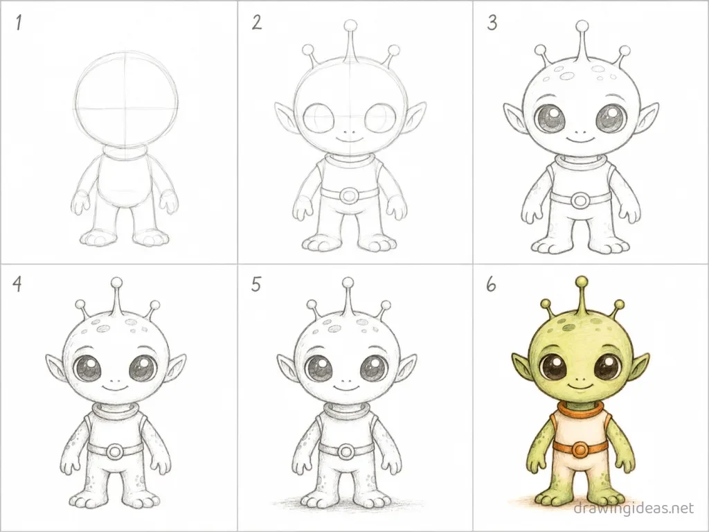 How to draw an alien step by step — 6-step alien drawing tutorial grid