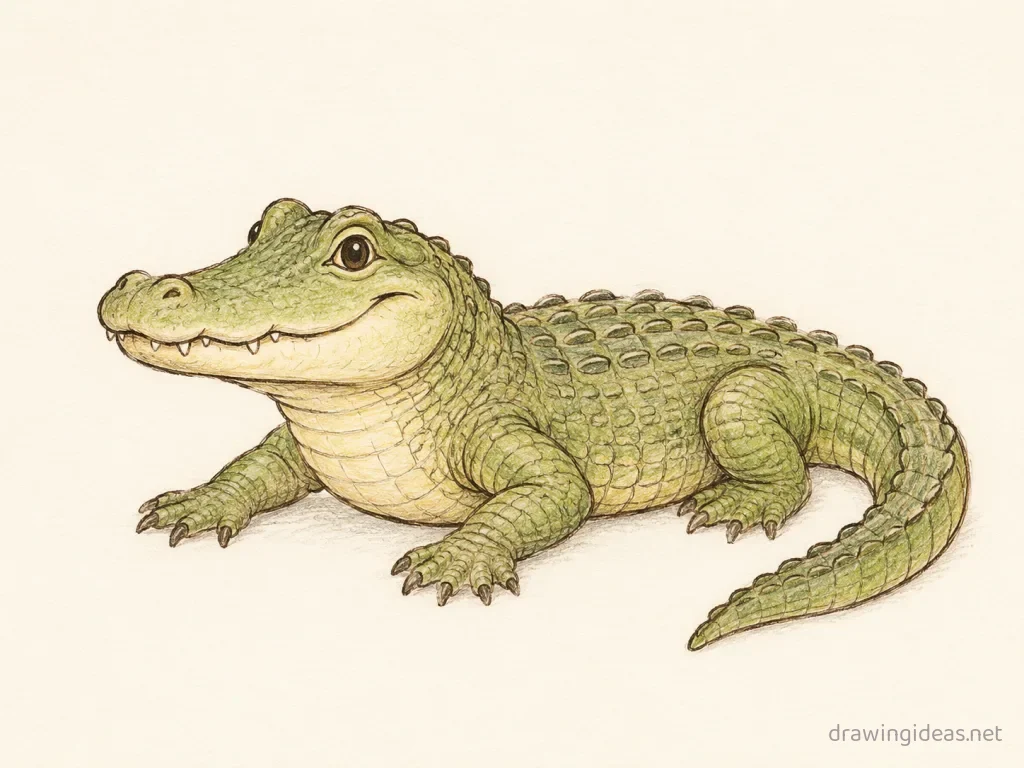 Alligator drawing — hand-drawn alligator illustration with ink lines and soft colors