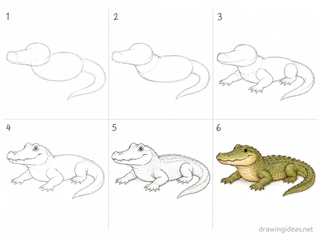 How to draw an alligator step by step — 6-step alligator drawing tutorial grid