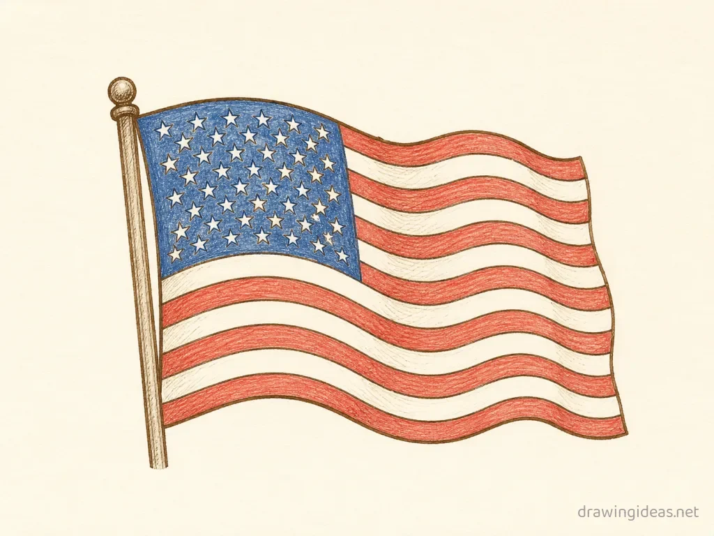 American Flag drawing — hand-drawn American Flag illustration with ink lines and soft colors