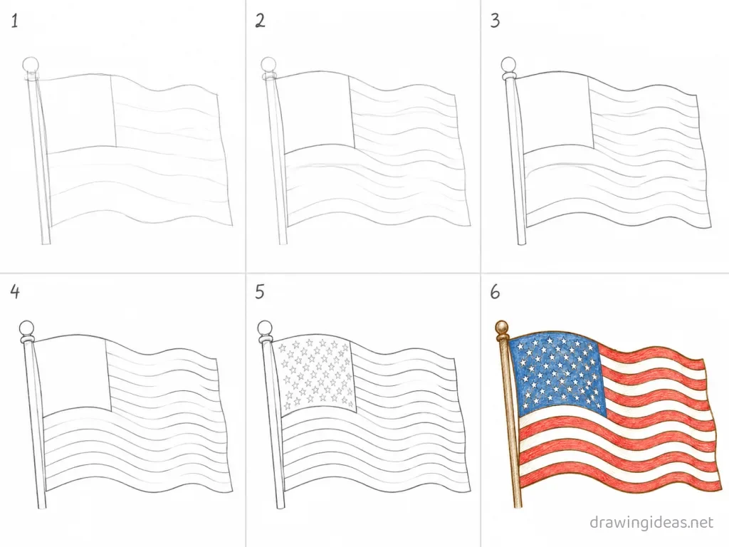 How to draw the American Flag step by step — 6-step American Flag drawing tutorial grid