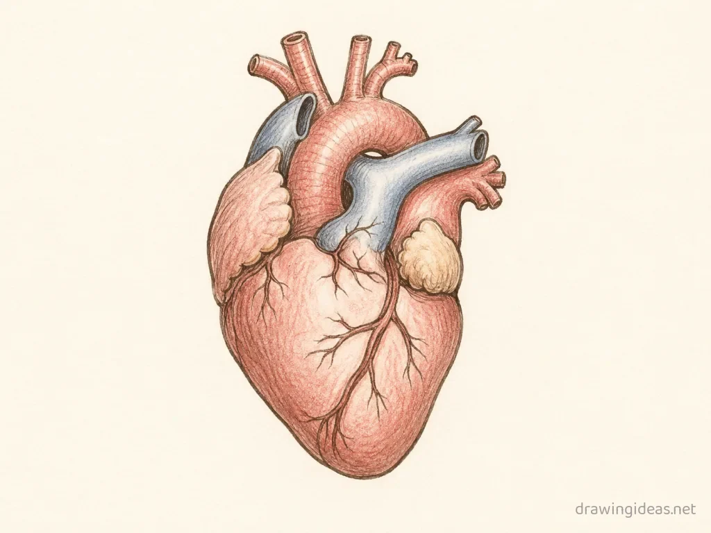 Anatomical Heart drawing — hand-drawn anatomical heart illustration with ink lines and soft colors