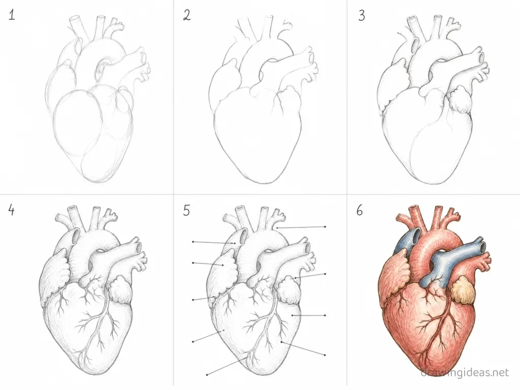 How to draw an anatomical heart step by step — 6-step anatomical heart drawing tutorial grid