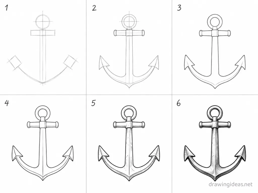 How to draw an anchor step by step — 6-step anchor drawing tutorial grid