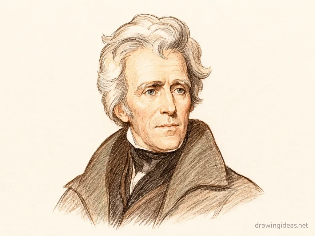 Andrew Jackson drawing — hand-drawn Andrew Jackson illustration with ink lines and soft colors