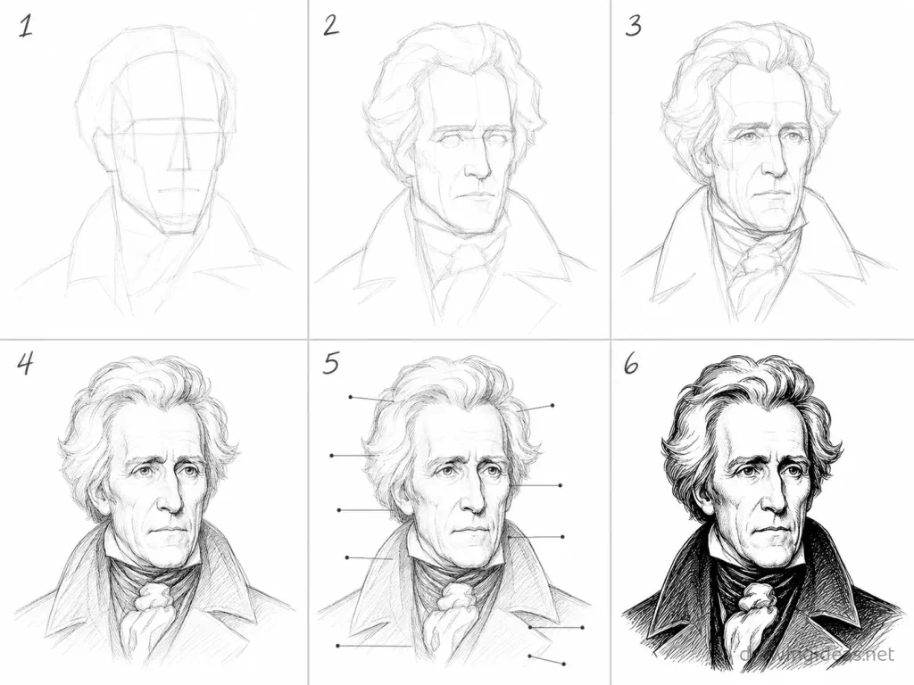 How to draw Andrew Jackson step by step — 6-step Andrew Jackson drawing tutorial grid