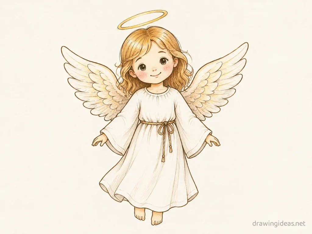 Angel drawing — hand-drawn angel illustration with ink lines and soft colors