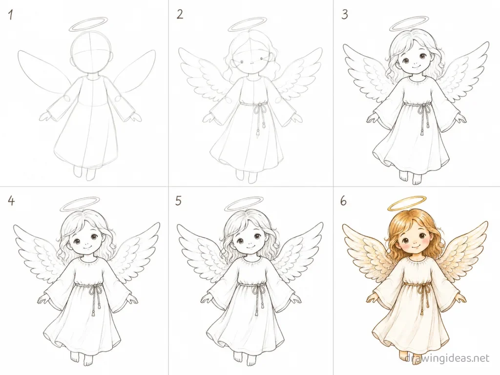 How to draw an angel step by step — 6-step angel drawing tutorial grid