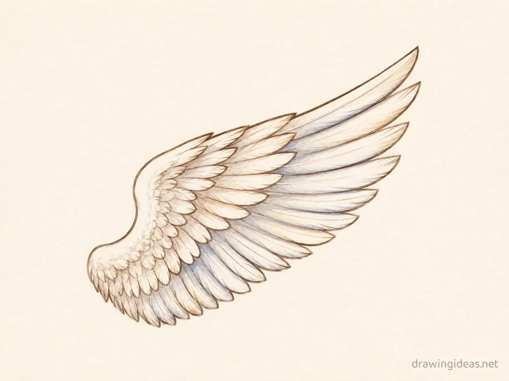 Angel Wing drawing — hand-drawn angel wing illustration with ink lines and soft colors