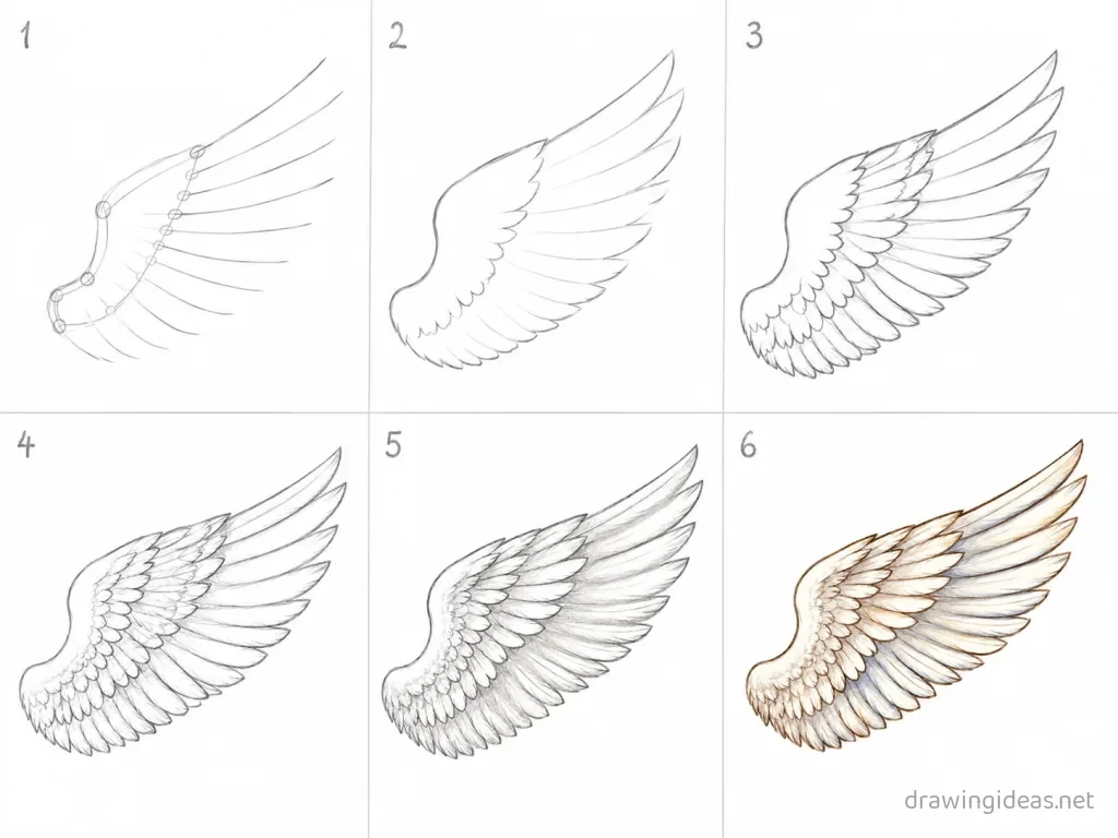 How to draw an angel wing step by step — 6-step angel wing drawing tutorial grid