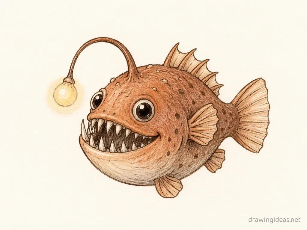 Angler Fish drawing — hand-drawn angler fish illustration with ink lines and soft colors