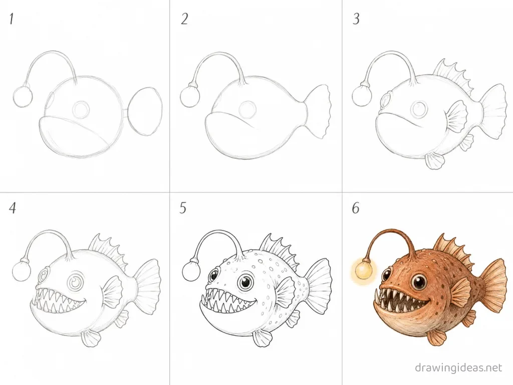 How to draw an angler fish step by step — 6-step angler fish drawing tutorial grid
