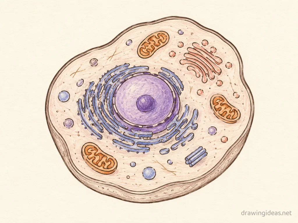 Animal Cell drawing — hand-drawn animal cell illustration with ink lines and soft colors