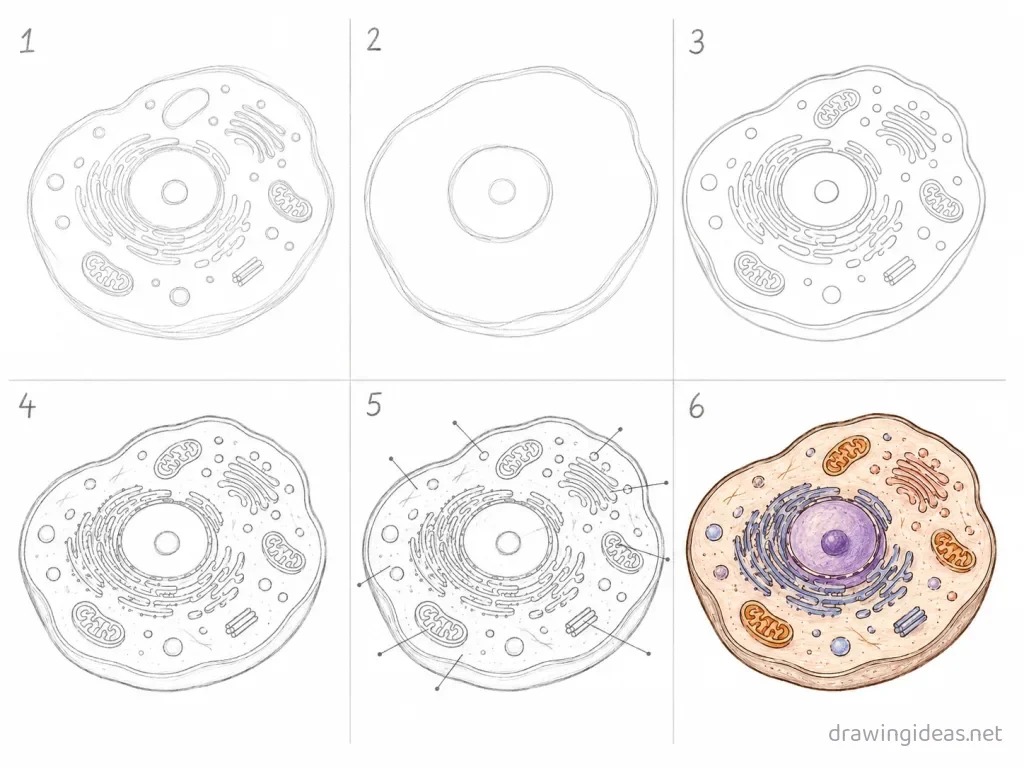 How to draw an animal cell step by step — 6-step animal cell drawing tutorial grid