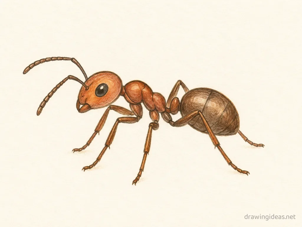Ant drawing — hand-drawn ant illustration with ink lines and soft colors