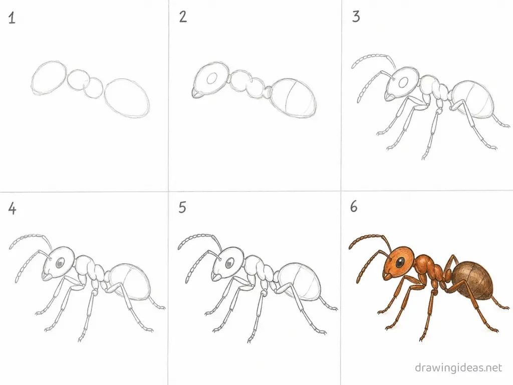 How to draw an ant step by step — 6-step ant drawing tutorial grid