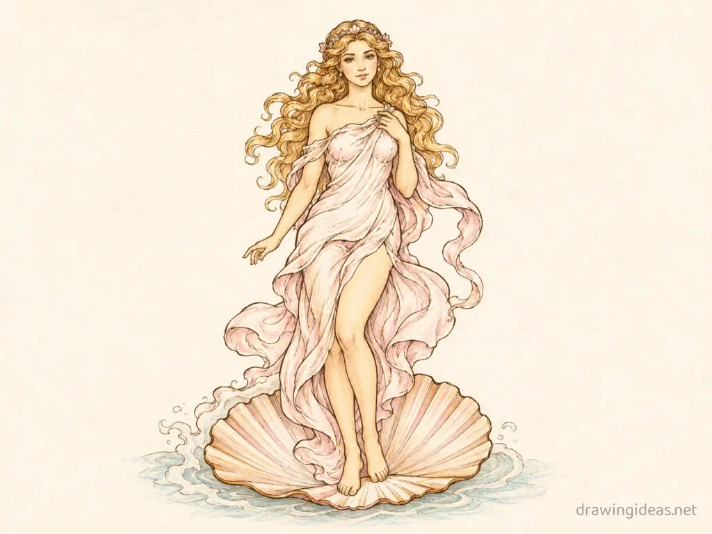 Aphrodite drawing — hand-drawn Aphrodite illustration with ink lines and soft colors