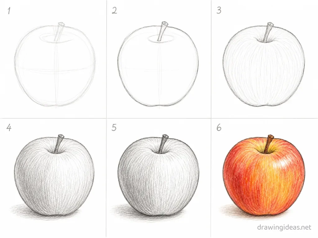 How to draw an apple step by step — 6-step apple drawing tutorial grid