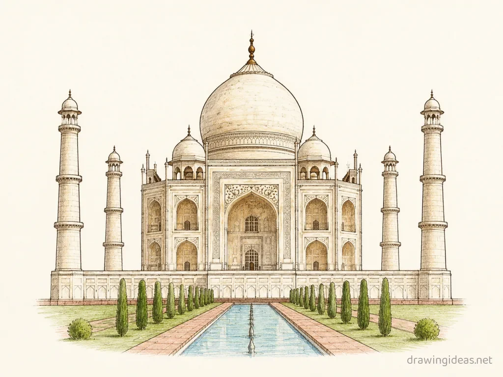 Architecture drawing — hand-drawn architecture illustration with ink lines and soft colors